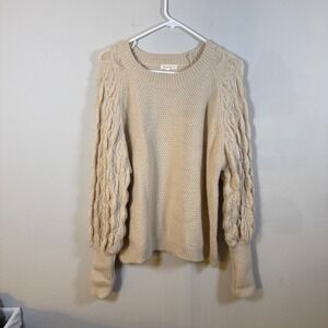 Shop Stevie Beige Cable Knit Balloon Sleeve Crew Neck Sweater Medium